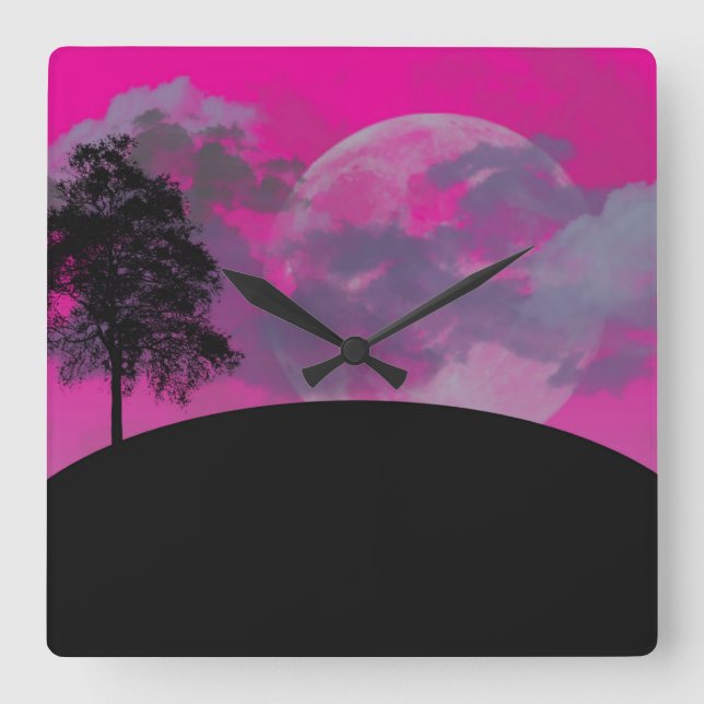 Abstract Crimson Moon Square Wall Clock (Front)