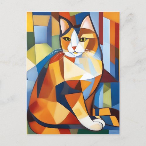 Abstract Cubist Calico Cat Postcard