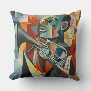 Abstract Cubist Jazz Trumpeter Throw Pillow
