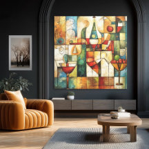 Abstract Cubist Modern Wine & Fruit Still Life