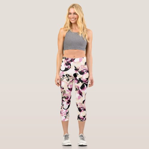 Abstract Curly Black Pink Waves Capri Leggings