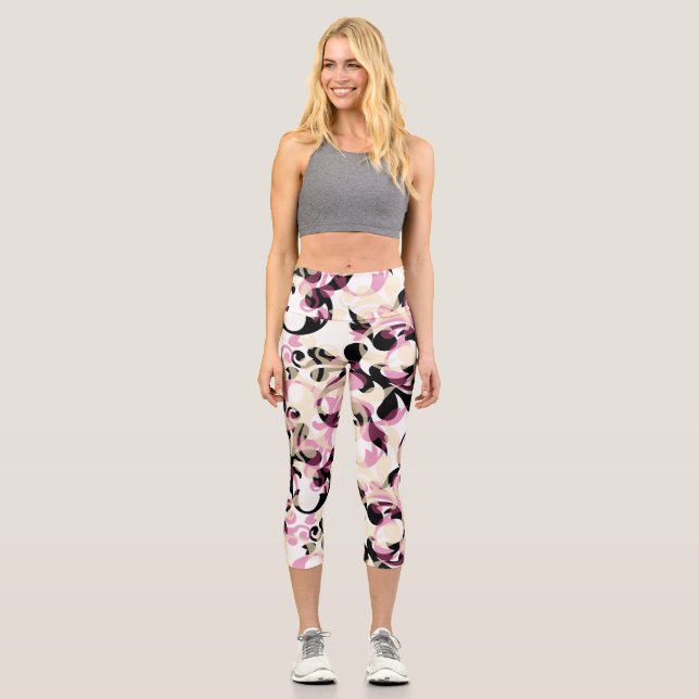 Abstract Curly Black Pink Waves Capri Leggings (Front)