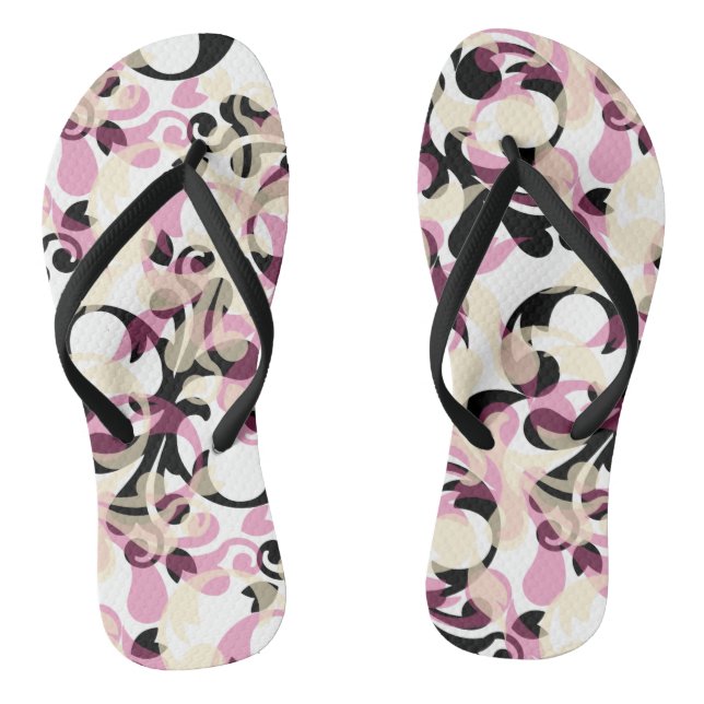 Abstract Curly Black Pink Waves Flip Flops (Footbed)