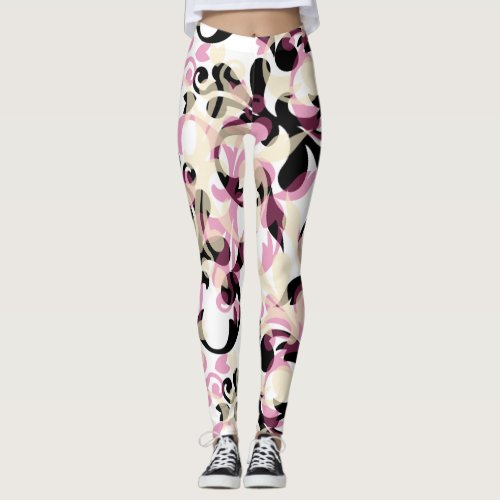 Abstract Curly Black Pink Waves Leggings