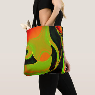 Abstract curves in lime green with orange bath tote bag