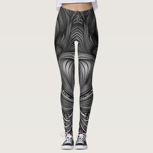 Abstract Curves Monochrome Pattern Black Grey Pen Leggings