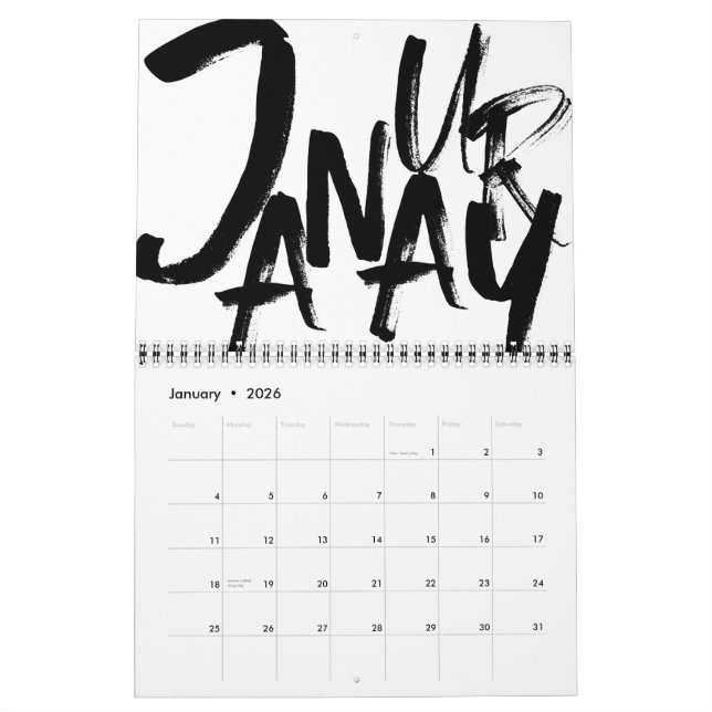 Abstract Custom Black and White Letters Calendar (Jan 2026)