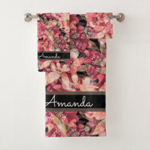 Abstract cute beautiful pink flowers floral design bath towel set
