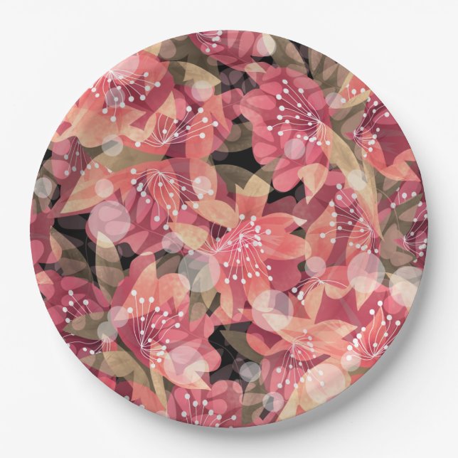 Abstract cute beautiful pink flowers floral design paper plates (Front)