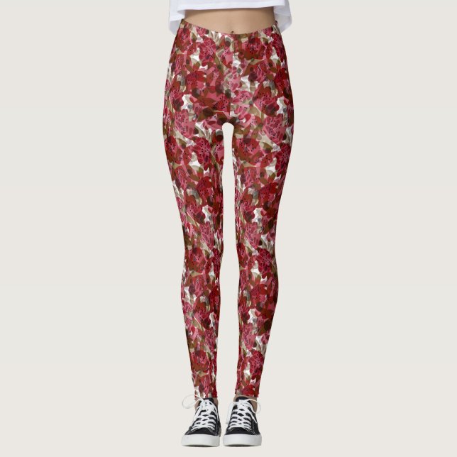 Abstract cute beautiful red flowers floral design leggings (Front)