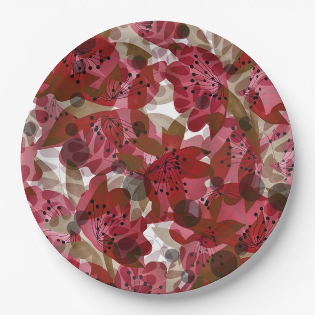 Abstract cute beautiful red flowers floral design paper plates (Front)