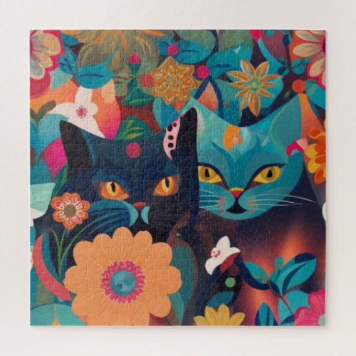 Abstract cute Cats and flowers Throw pillow Jigsaw Puzzle