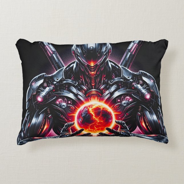 Abstract Cyber Cosmic Guardian Futuristic Robot Accent Pillow (Front)