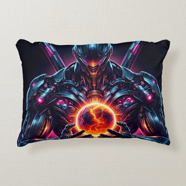 Abstract Cyber Cosmic Guardian Futuristic Robot Accent Pillow (Front)