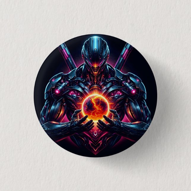 Abstract Cyber Cosmic Guardian Futuristic Robot Button (Front)
