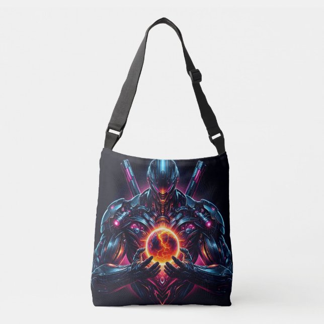 Abstract Cyber Cosmic Guardian Futuristic Robot Crossbody Bag (Front)