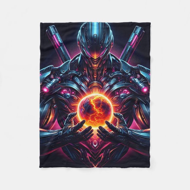 Abstract Cyber Cosmic Guardian Futuristic Robot Fleece Blanket (Front)