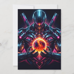 Abstract Cyber Cosmic Guardian Futuristic Robot Holiday Card