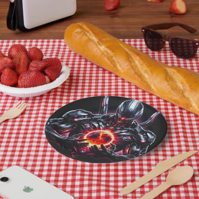 Abstract Cyber Cosmic Guardian Futuristic Robot Paper Plates (Picnic)