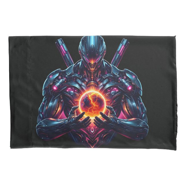 Abstract Cyber Cosmic Guardian Futuristic Robot Pillow Case (Front)