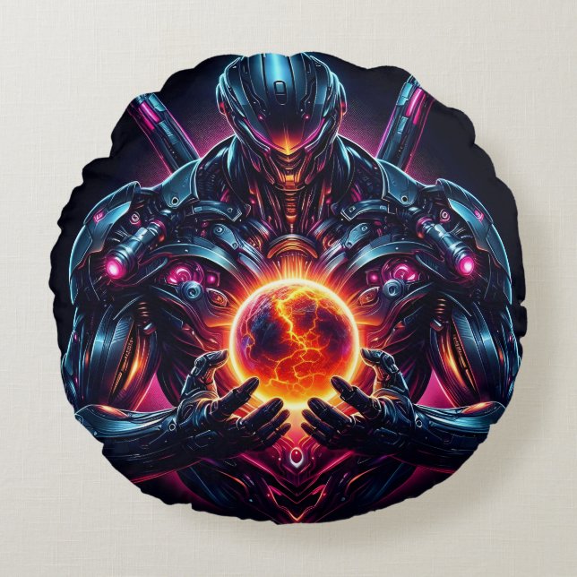 Abstract Cyber Cosmic Guardian Futuristic Robot Round Pillow (Front)