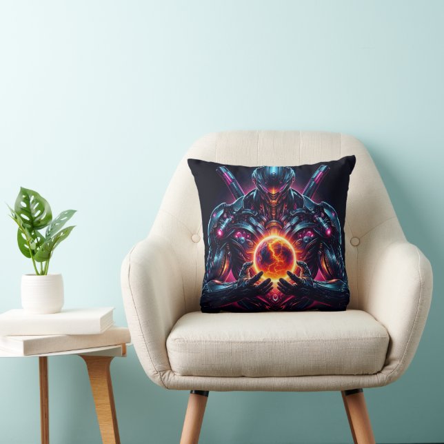 Abstract Cyber Cosmic Guardian Futuristic Robot Throw Pillow (Chair)
