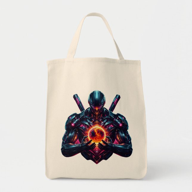 Abstract Cyber Cosmic Guardian Futuristic Robot Tote Bag (Front)