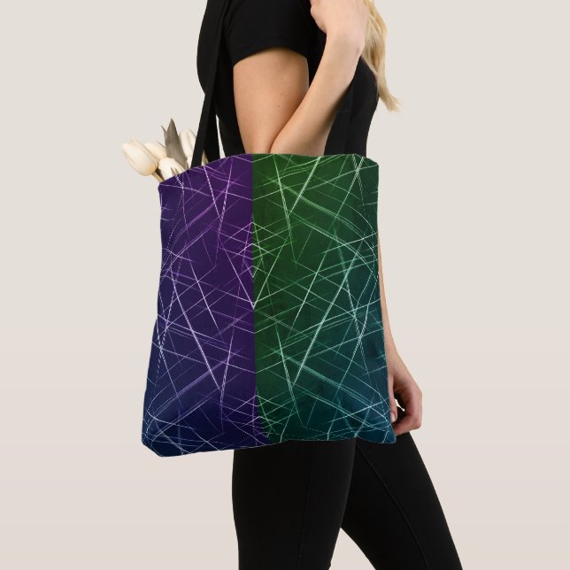 Abstract Cyber Pattern | Purple & Emerald Grid Tote Bag (Close Up)