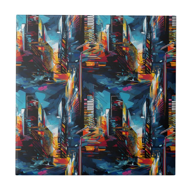 Abstract Cyberpunk Cityscape Skyline (3) Ceramic Tile (Front)