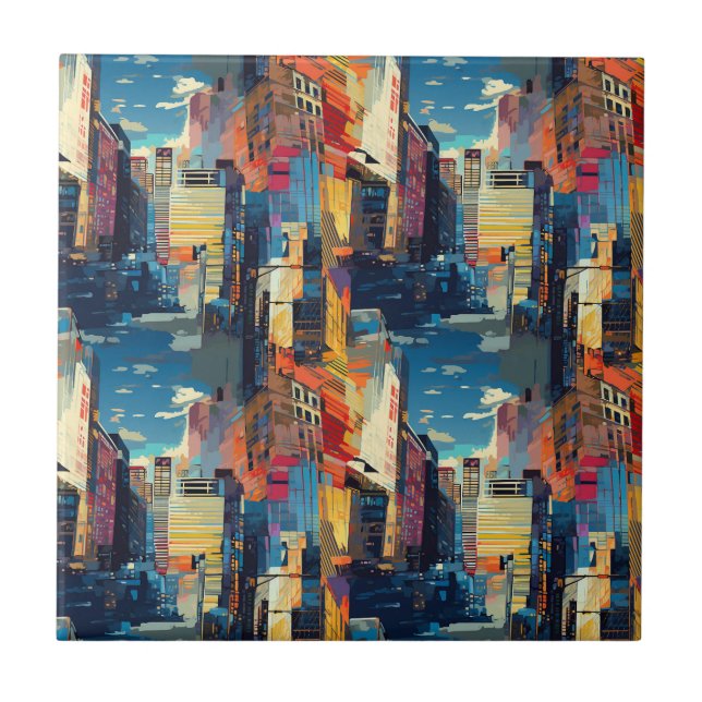 Abstract Cyberpunk Cityscape Skyline (4) Ceramic Tile (Front)