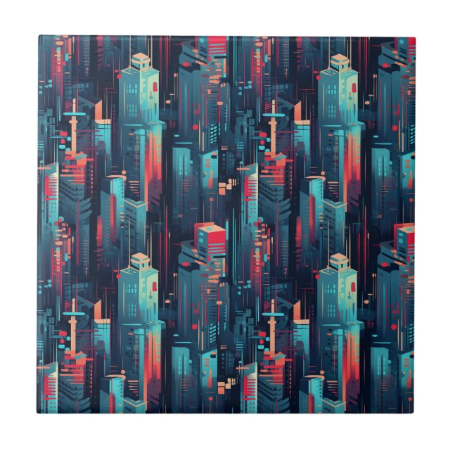 Abstract Cyberpunk Cityscape Skyline (5) Ceramic Tile (Front)