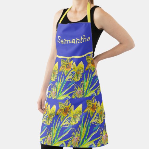 Abstract Daffodil Watercolor Yellow Flower Blue Ap Apron