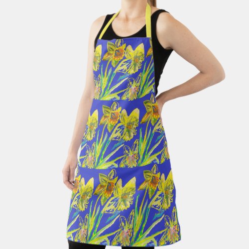 Abstract Daffodil Watercolor Yellow Flower Blue Apron