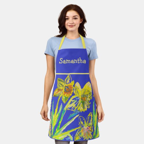 Abstract Daffodil Watercolor Yellow Flower Blue Apron