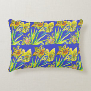 Abstract Daffodil Yellow Blue Flowers Floral Art Accent Pillow