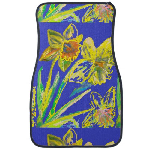 Abstract Daffodil Yellow Blue Flowers Floral Art Car Floor Mat