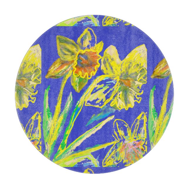 Abstract Daffodil Yellow Blue Flowers Floral Art Cutting Board (Front)