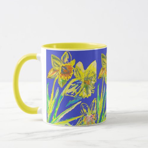 Abstract Daffodil Yellow Blue Flowers Floral Art Mug