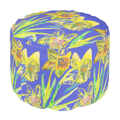 Abstract Daffodil Yellow Blue Flowers Floral Art  Pouf