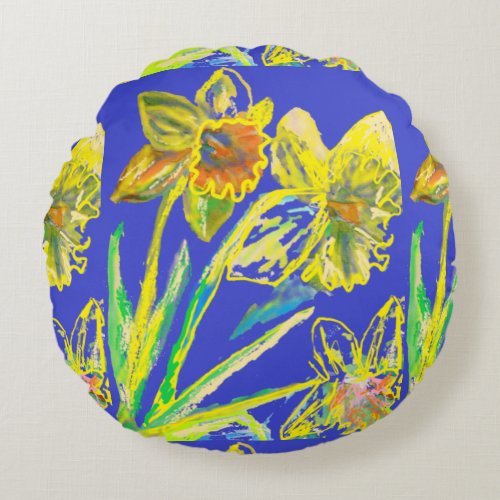 Abstract Daffodil Yellow Blue Flowers Floral Art  Round Pillow