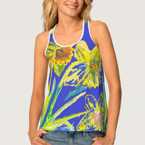 Abstract Daffodil Yellow Blue Flowers Floral Art Tank Top