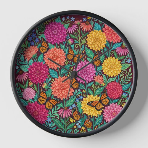 Abstract Dahlias Butterflies Art Clocks