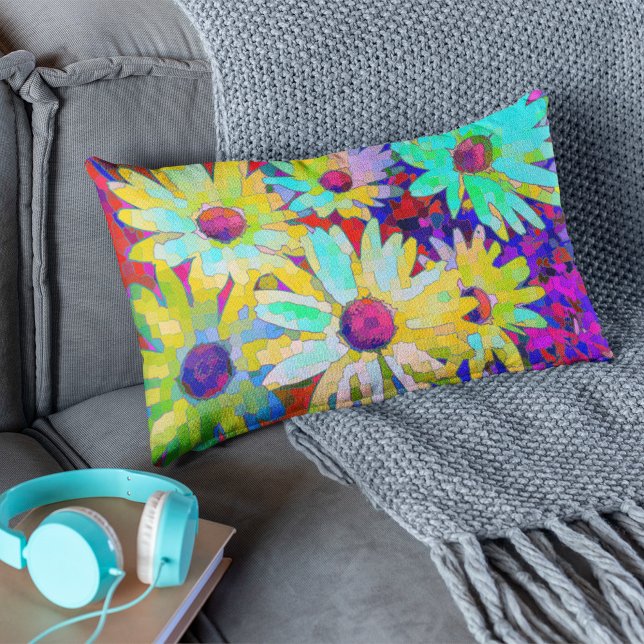 Abstract Daisies In Bright Colors Lumbar Pillow (Creator Uploaded)