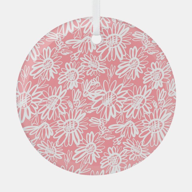 Abstract daisy sketch, monochrome pattern glass ornament (Front)