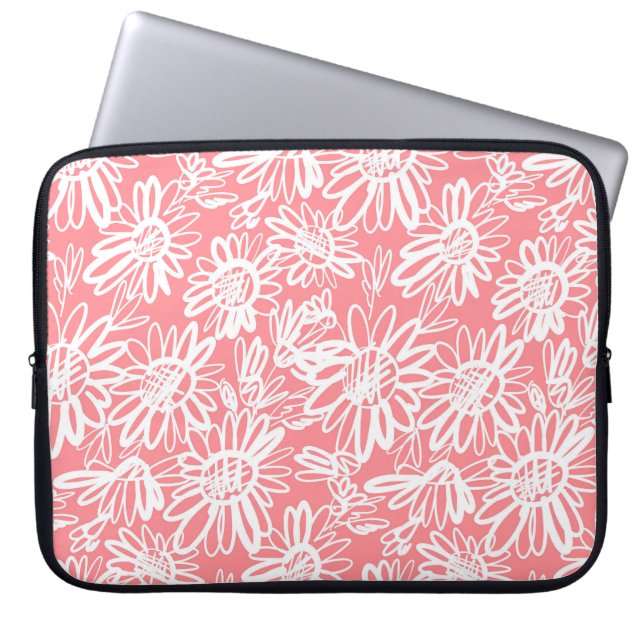 Abstract daisy sketch, monochrome pattern laptop sleeve (Front)