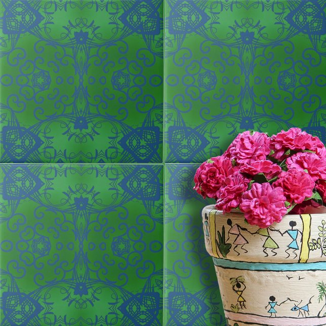 Abstract Damask Emerald Green Blue Pattern Ceramic Tile (Creator Uploaded)