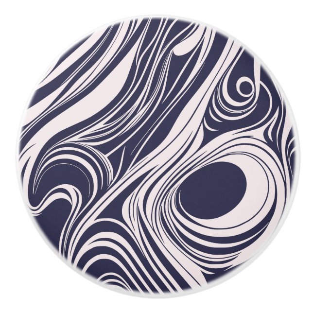 Abstract dark blue and gray liquid swirls design ceramic knob (Front)