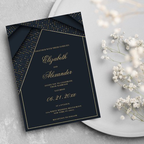 Abstract dark blue elegant gold geometric wedding invitation