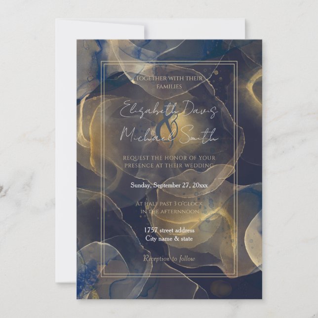 Abstract Dark Blue Gold Fluid Art Painting Invitation (Front)