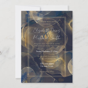 Abstract Dark Blue Gold Fluid Art Painting Invitation